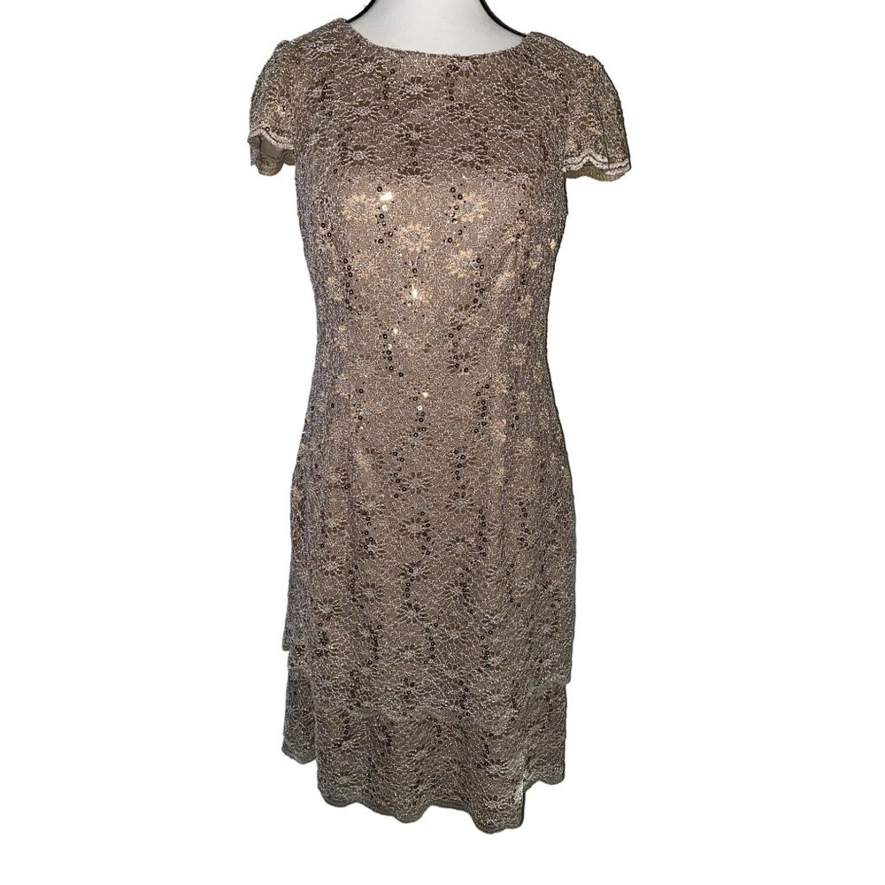 Alex Evenings Sequin Lace Sheath Dress Gold/Tan Cap Sleeve Size 6